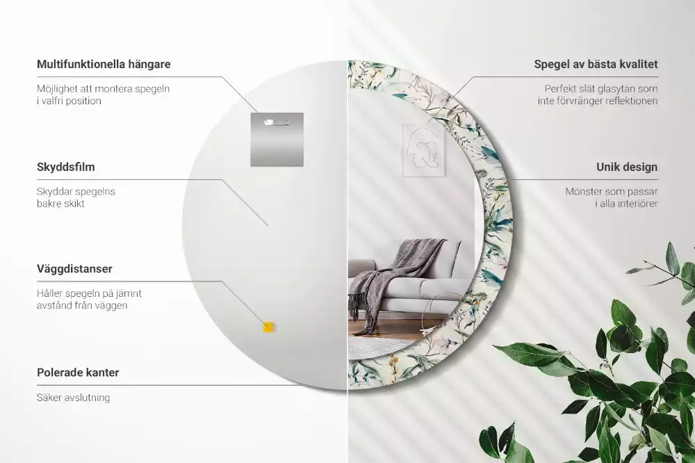 Miroir rond cadre avec impression Fleurs aquarelles