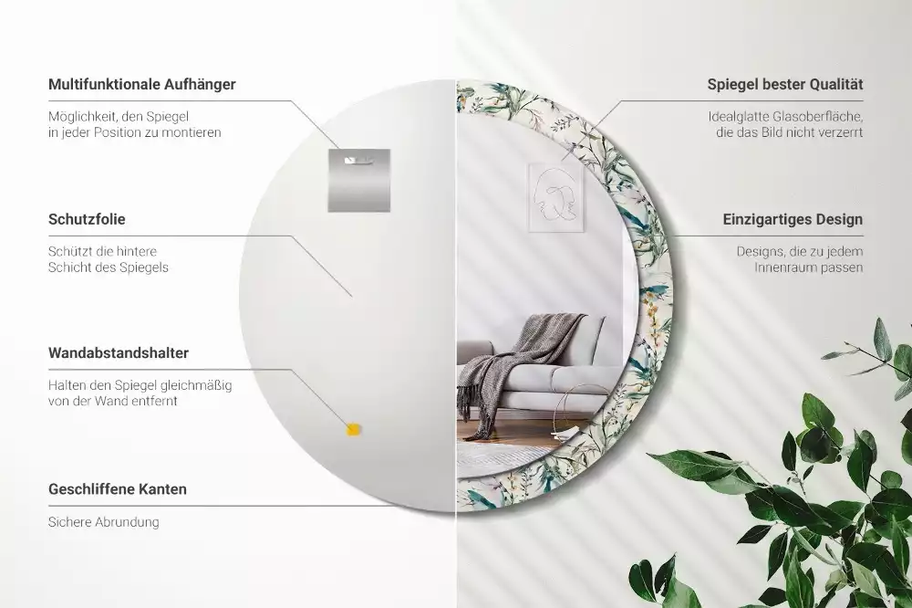 Miroir rond cadre avec impression Fleurs aquarelles