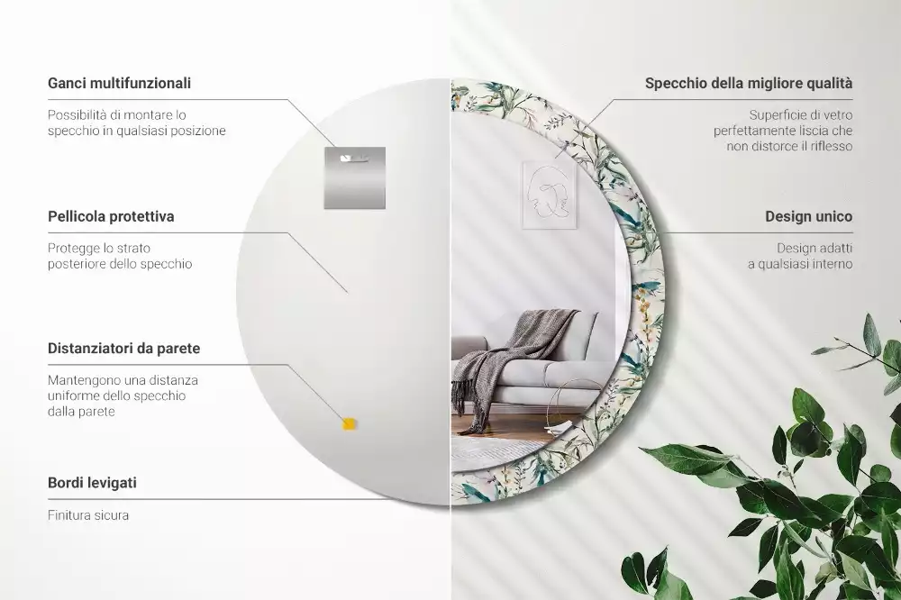 Miroir rond cadre avec impression Fleurs aquarelles