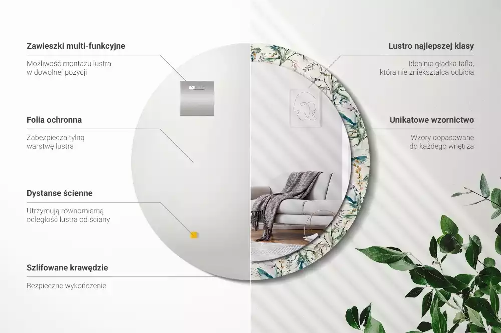 Miroir rond cadre avec impression Fleurs aquarelles