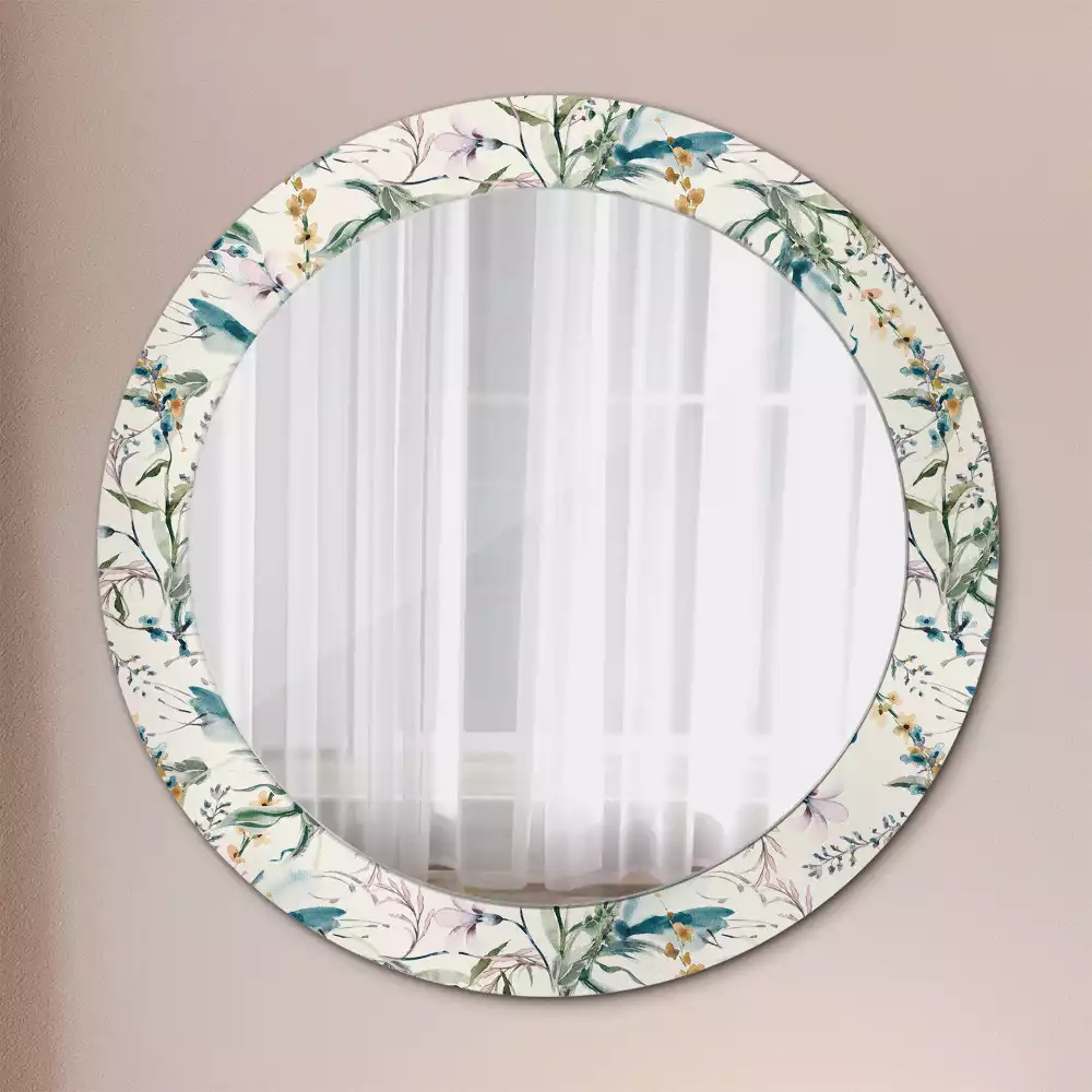Miroir rond cadre avec impression Fleurs aquarelles