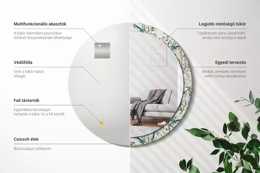 Miroir rond cadre avec impression Fleurs aquarelles