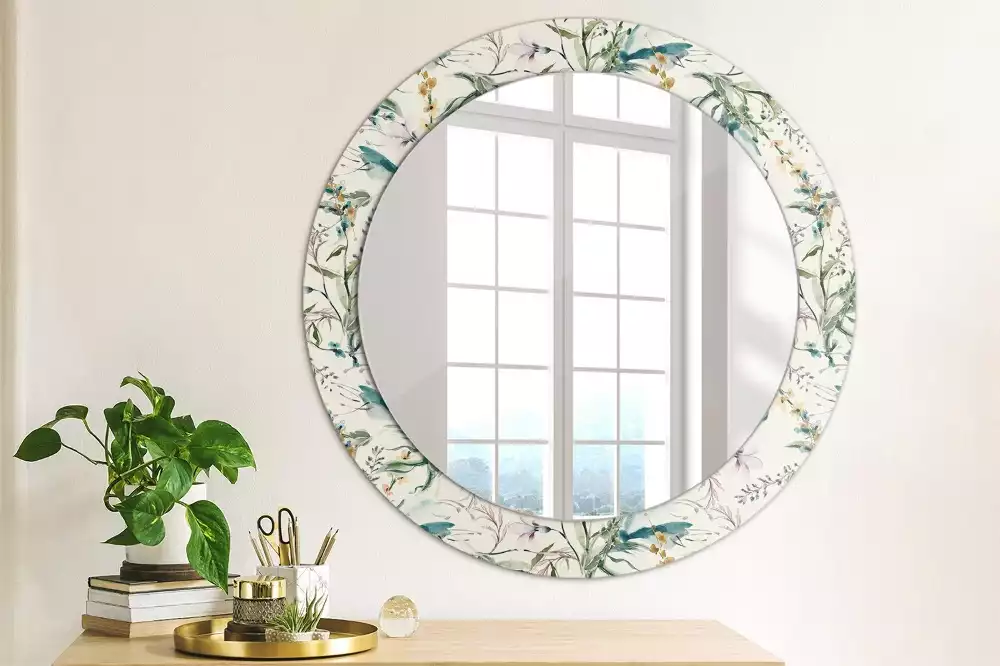 Miroir rond cadre avec impression Fleurs aquarelles