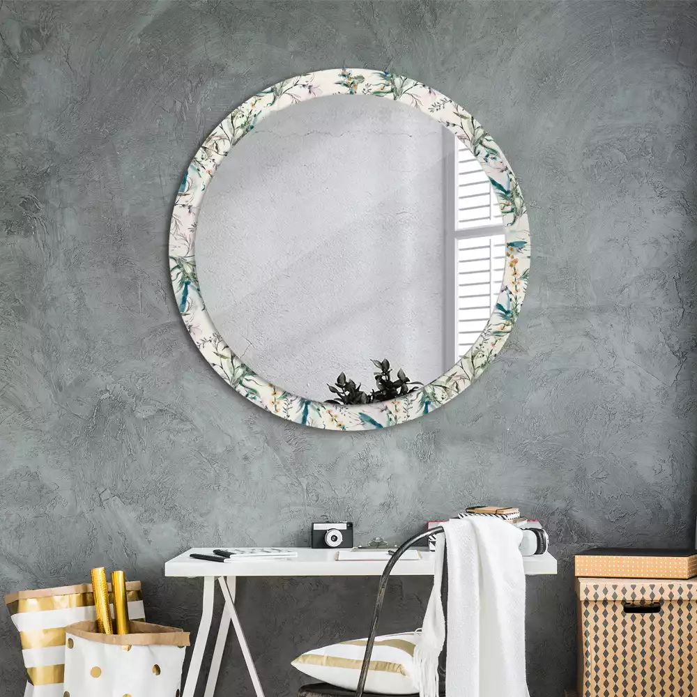 Miroir rond cadre avec impression Fleurs aquarelles
