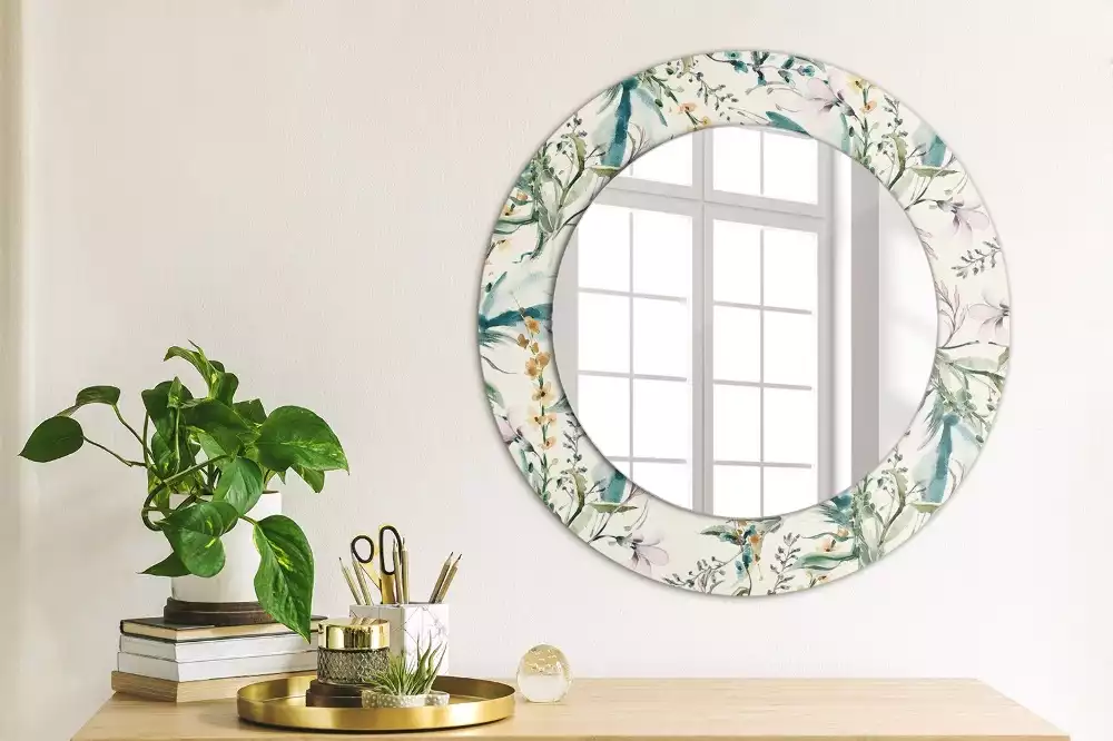 Miroir rond cadre avec impression Fleurs aquarelles