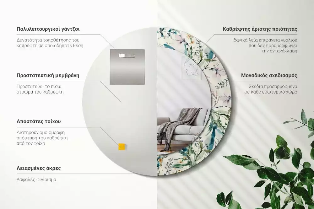 Miroir rond cadre avec impression Fleurs aquarelles