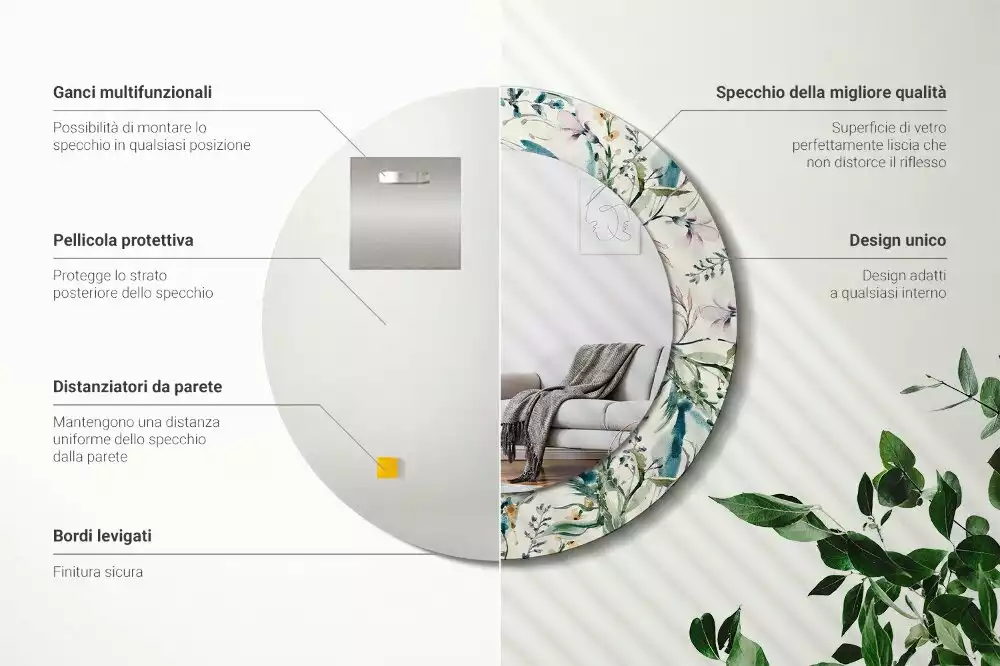 Miroir rond cadre avec impression Fleurs aquarelles