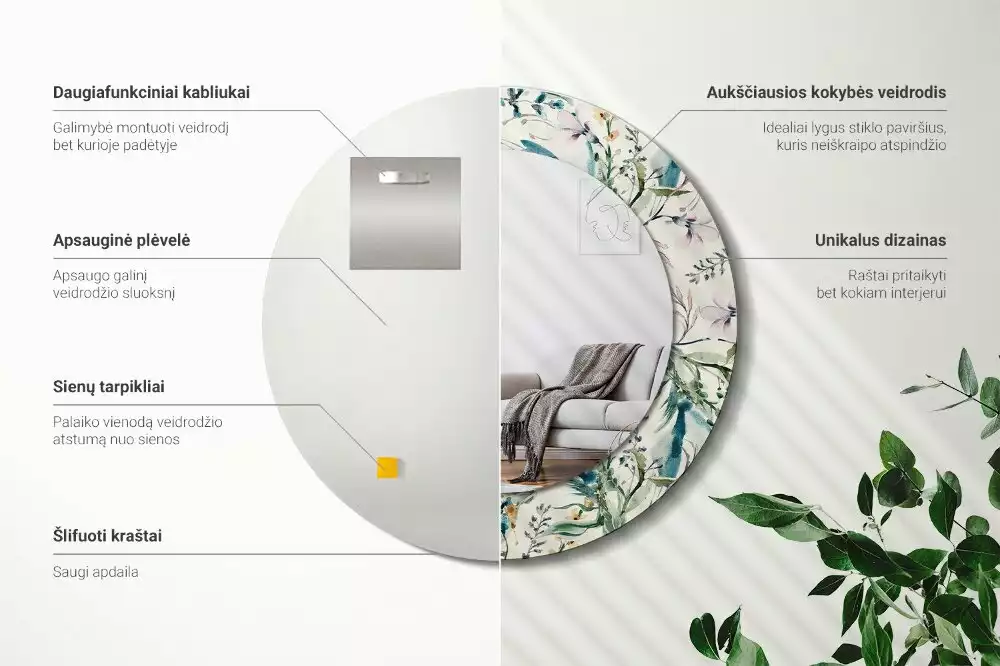 Miroir rond cadre avec impression Fleurs aquarelles