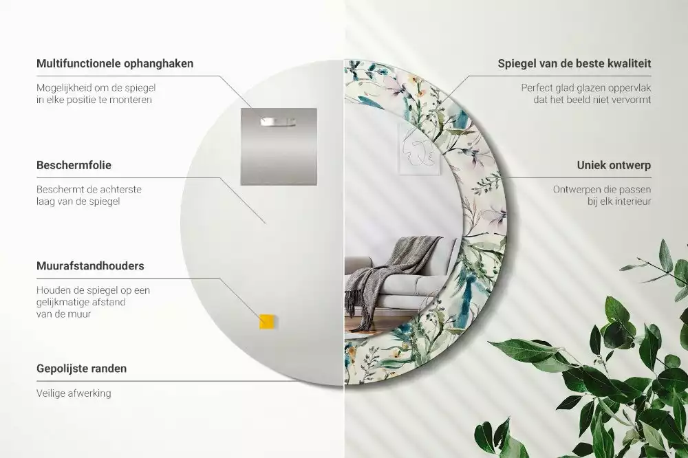 Miroir rond cadre avec impression Fleurs aquarelles