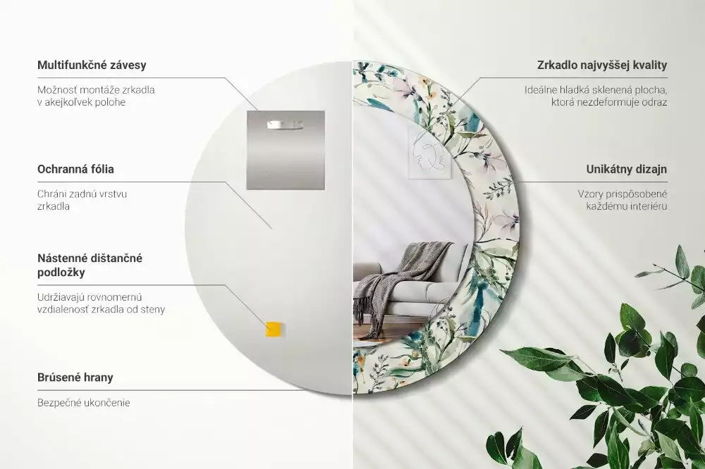 Miroir rond cadre avec impression Fleurs aquarelles