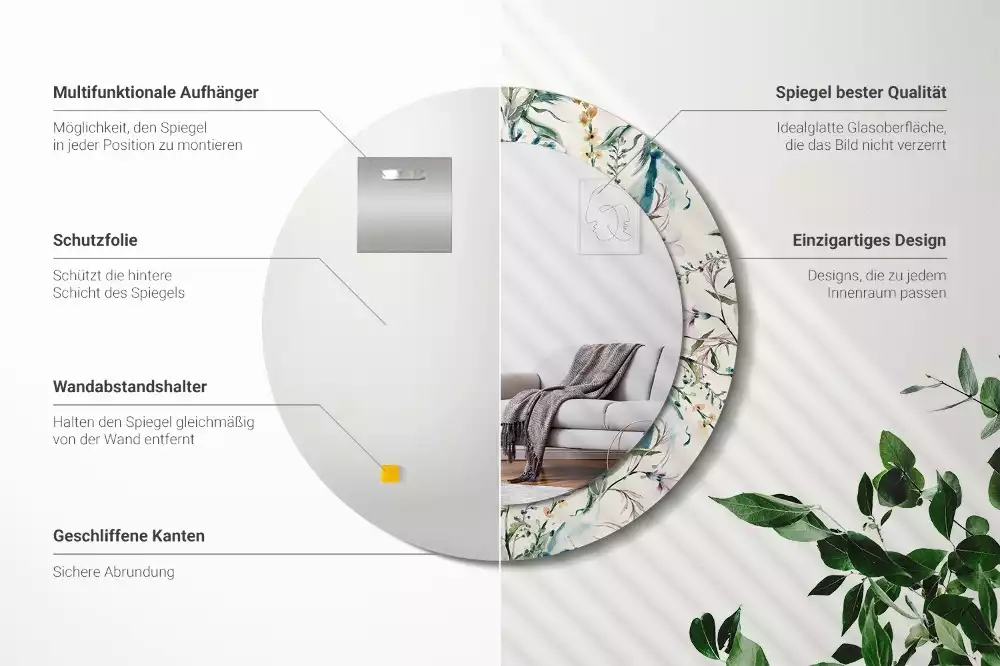 Miroir rond cadre avec impression Fleurs aquarelles