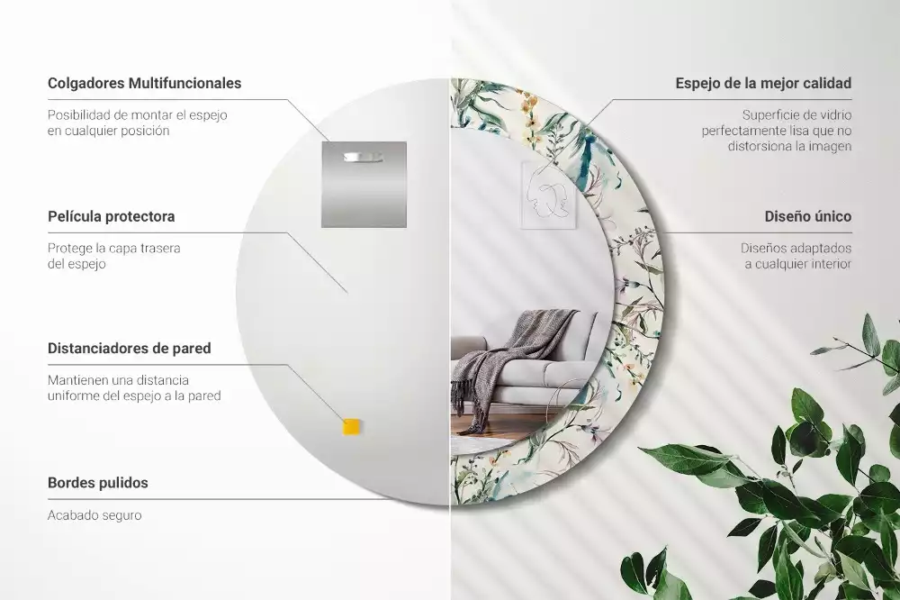 Miroir rond cadre avec impression Fleurs aquarelles