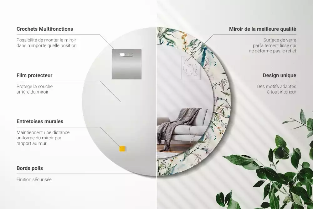 Miroir rond cadre avec impression Fleurs aquarelles