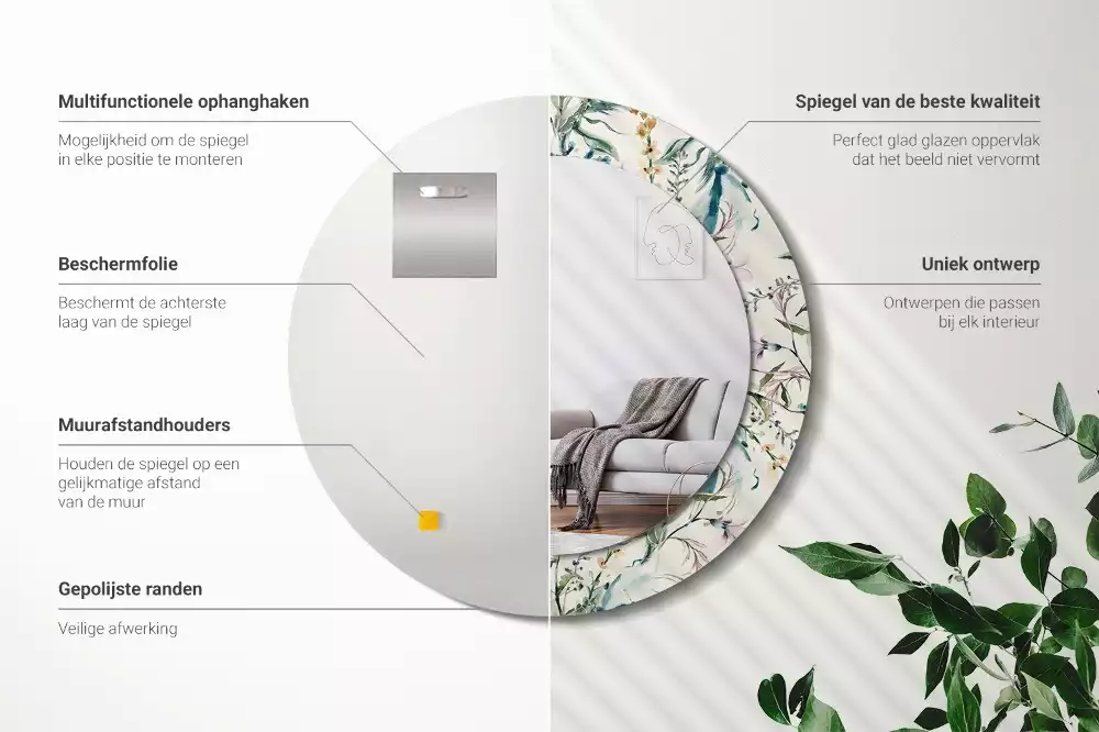 Miroir rond cadre avec impression Fleurs aquarelles