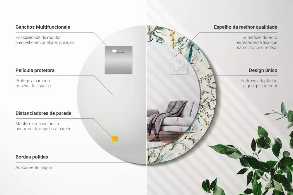 Miroir rond cadre avec impression Fleurs aquarelles