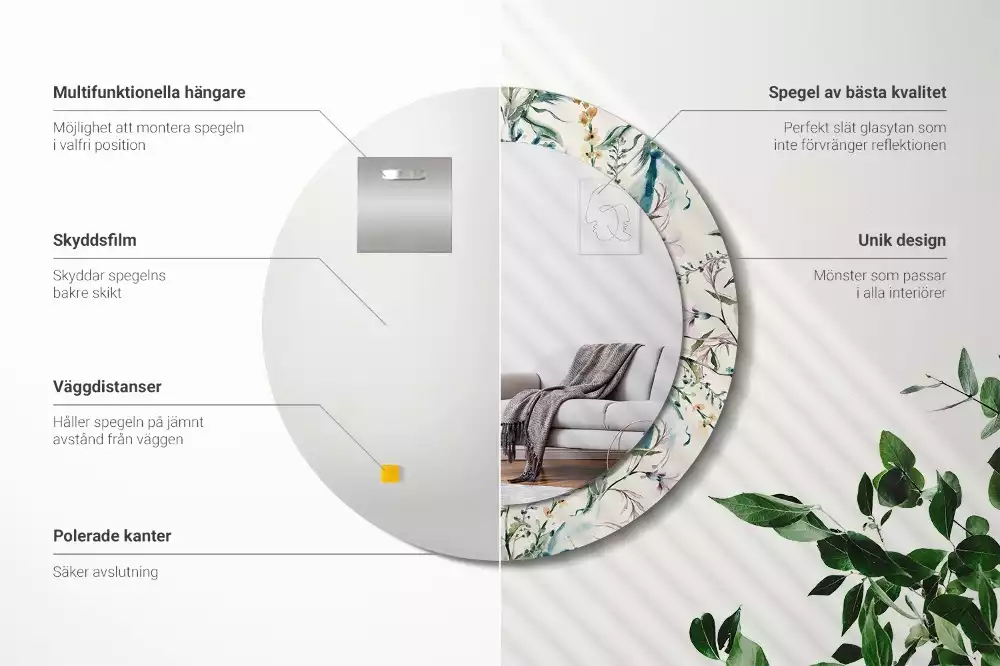 Miroir rond cadre avec impression Fleurs aquarelles