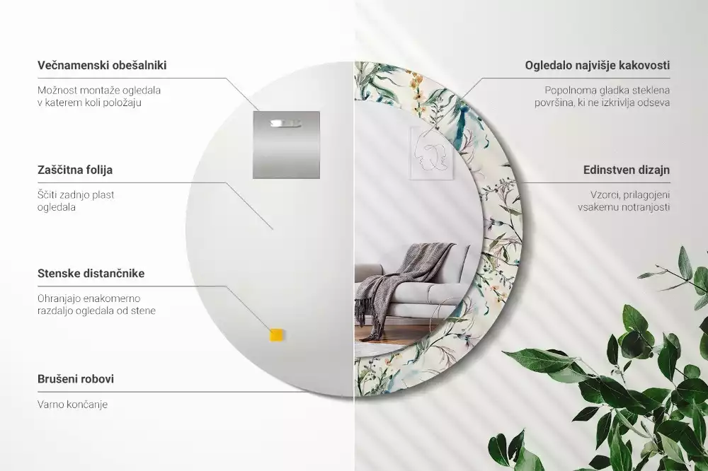 Miroir rond cadre avec impression Fleurs aquarelles