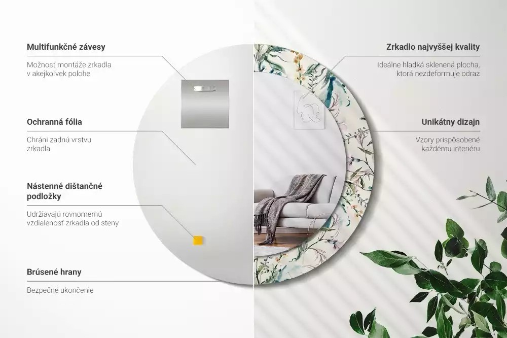 Miroir rond cadre avec impression Fleurs aquarelles