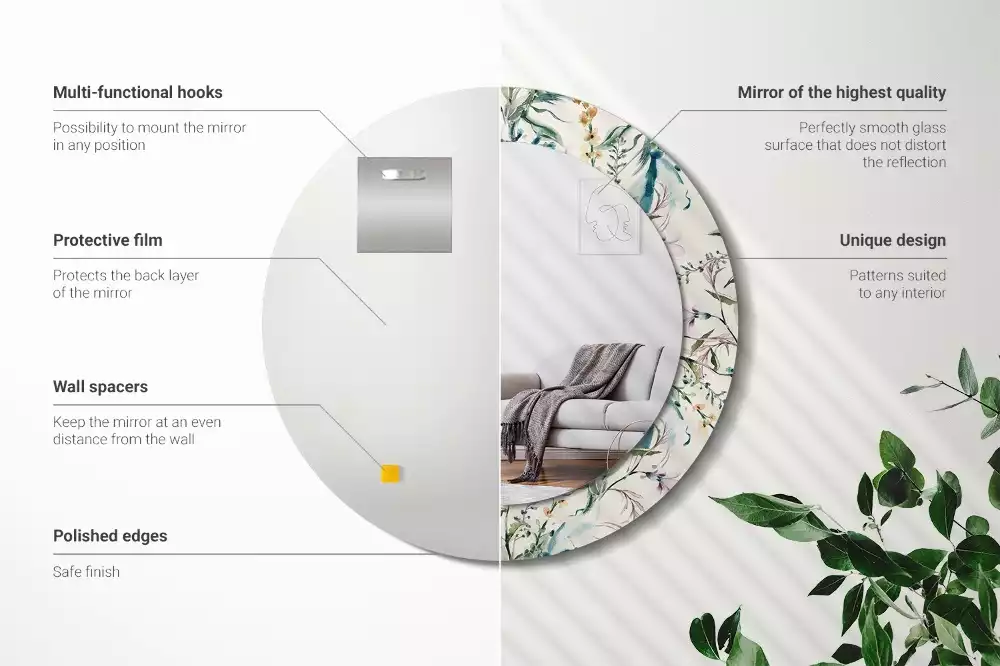 Miroir rond cadre avec impression Fleurs aquarelles