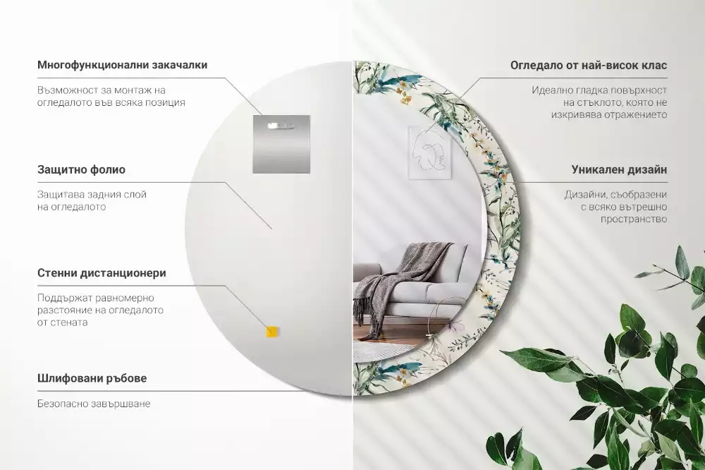 Miroir rond cadre avec impression Fleurs aquarelles