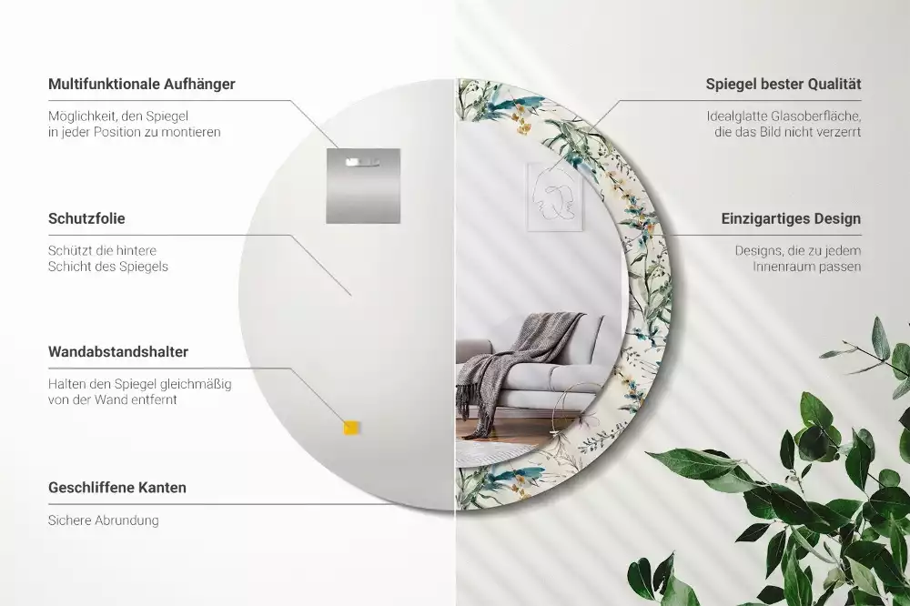 Miroir rond cadre avec impression Fleurs aquarelles