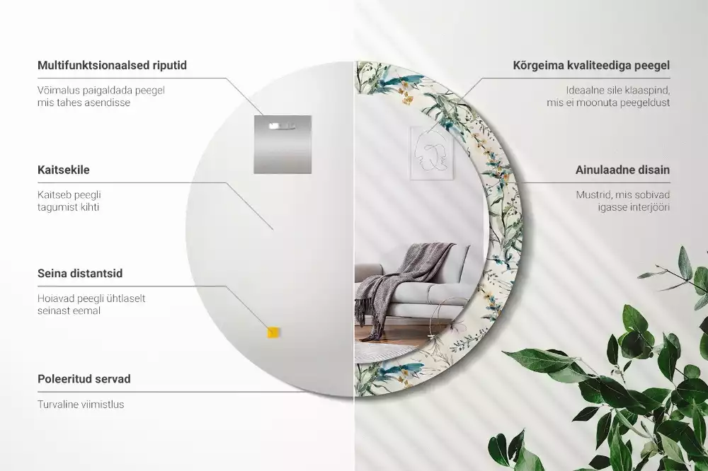 Miroir rond cadre avec impression Fleurs aquarelles