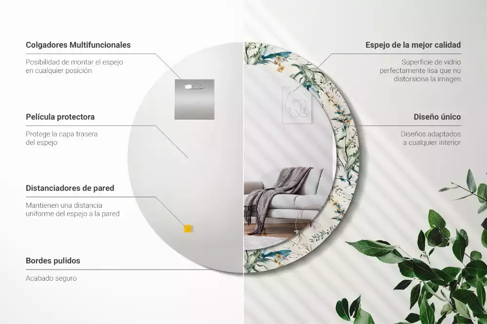 Miroir rond cadre avec impression Fleurs aquarelles