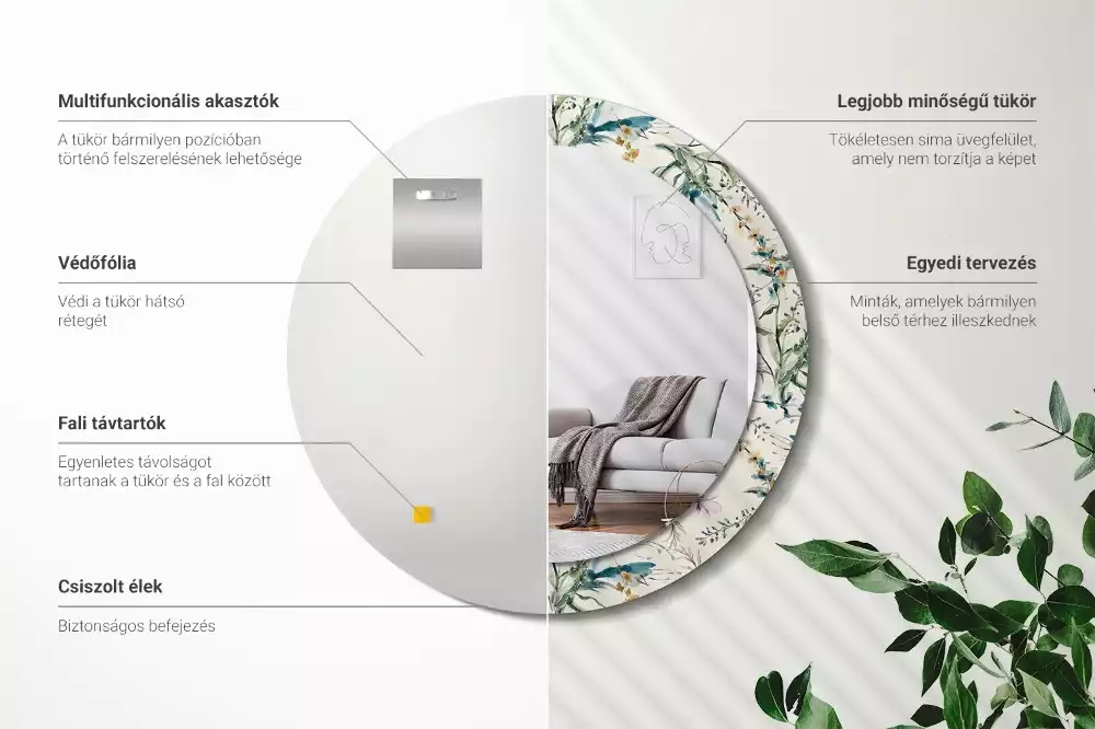 Miroir rond cadre avec impression Fleurs aquarelles