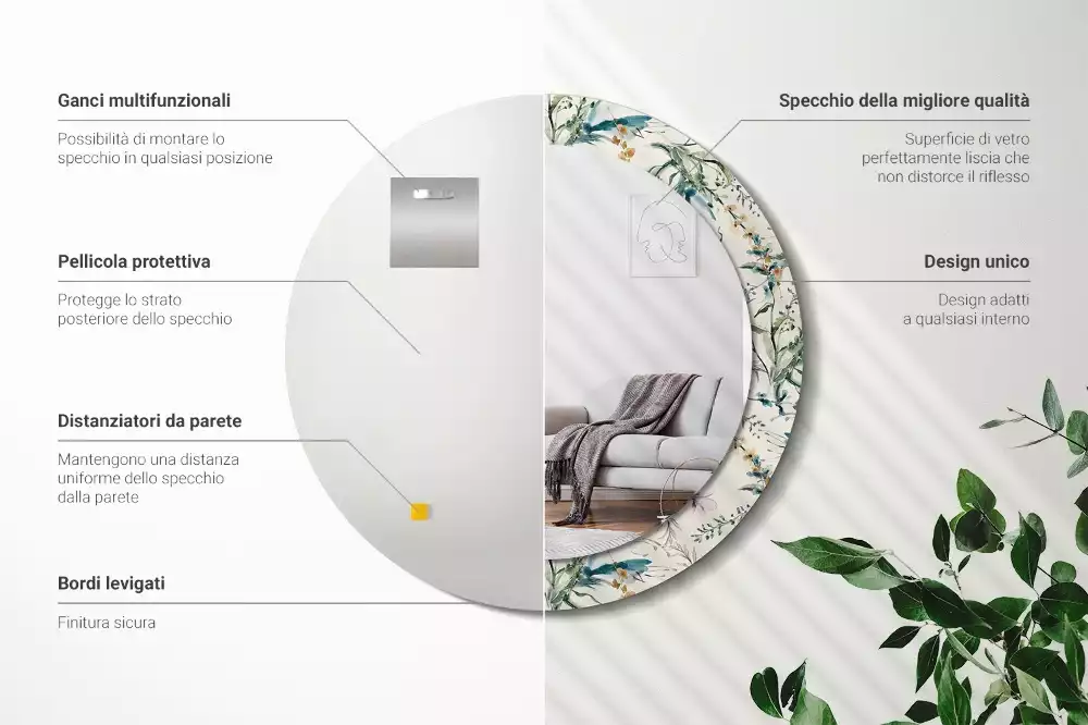 Miroir rond cadre avec impression Fleurs aquarelles