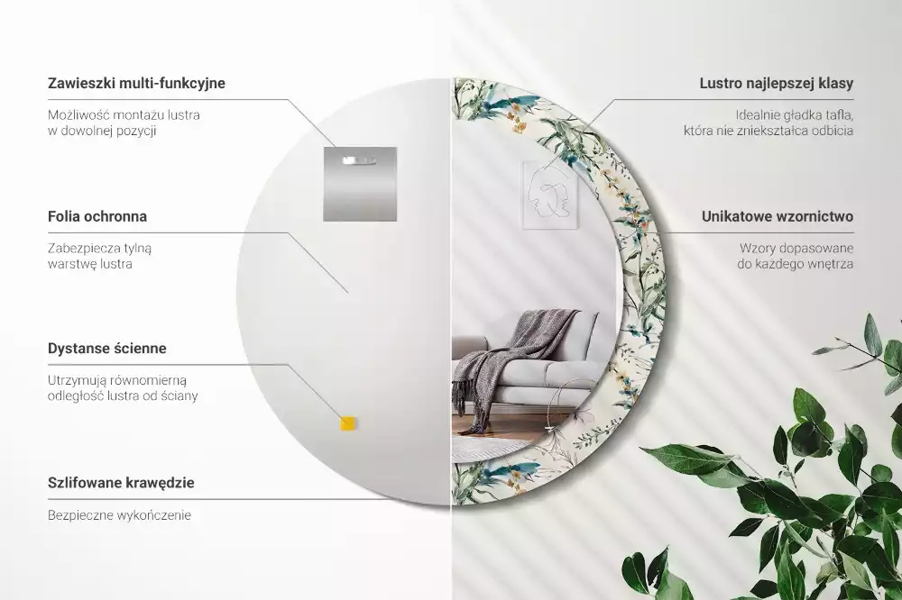 Miroir rond cadre avec impression Fleurs aquarelles