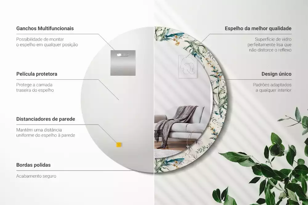 Miroir rond cadre avec impression Fleurs aquarelles