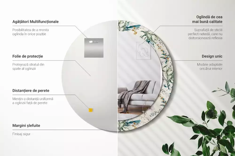 Miroir rond cadre avec impression Fleurs aquarelles