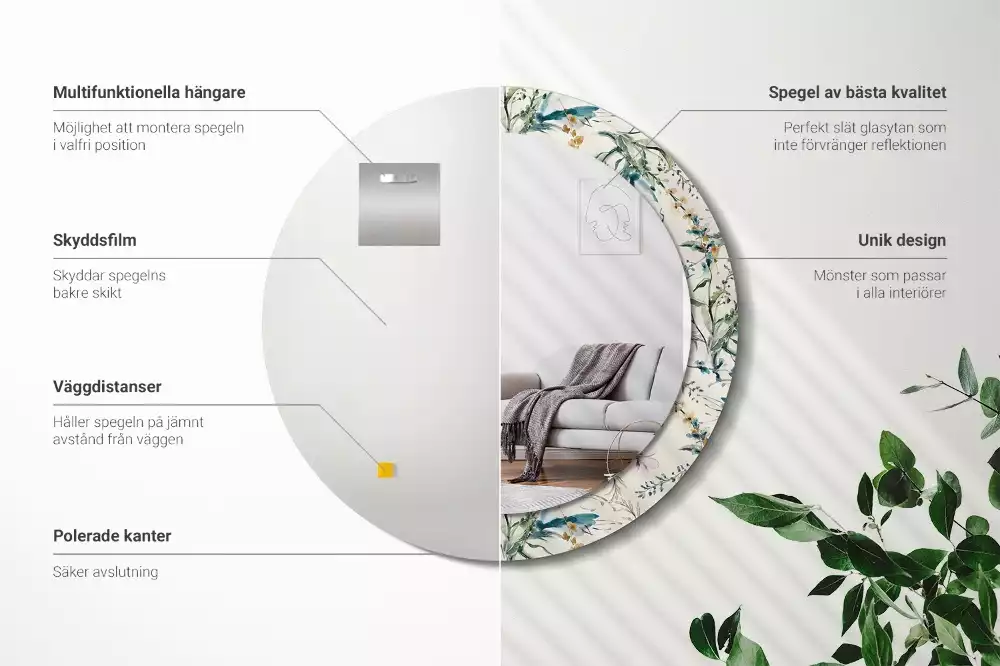 Miroir rond cadre avec impression Fleurs aquarelles