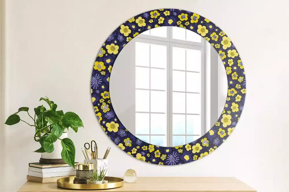 Miroir rond cadre avec impression Petites fleurs