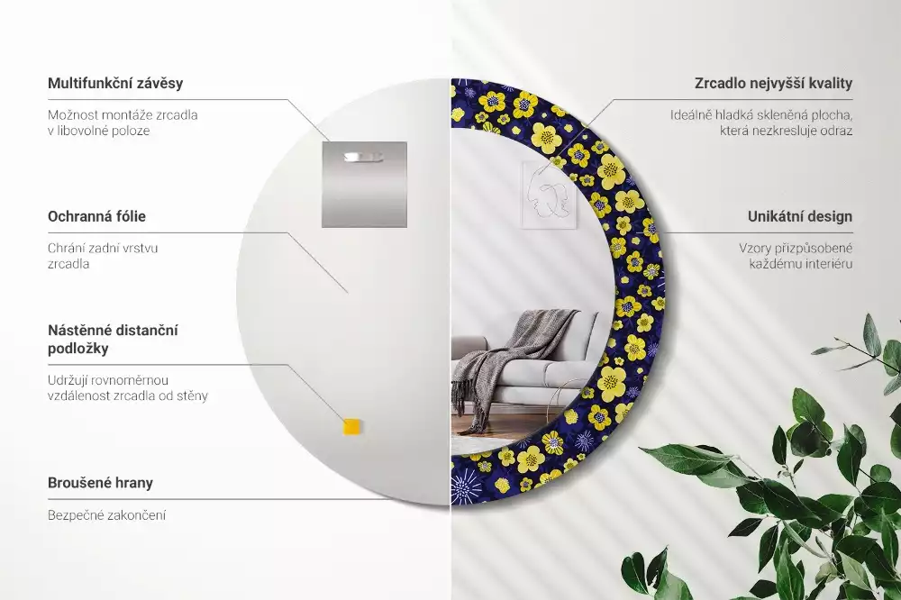 Miroir rond cadre avec impression Petites fleurs