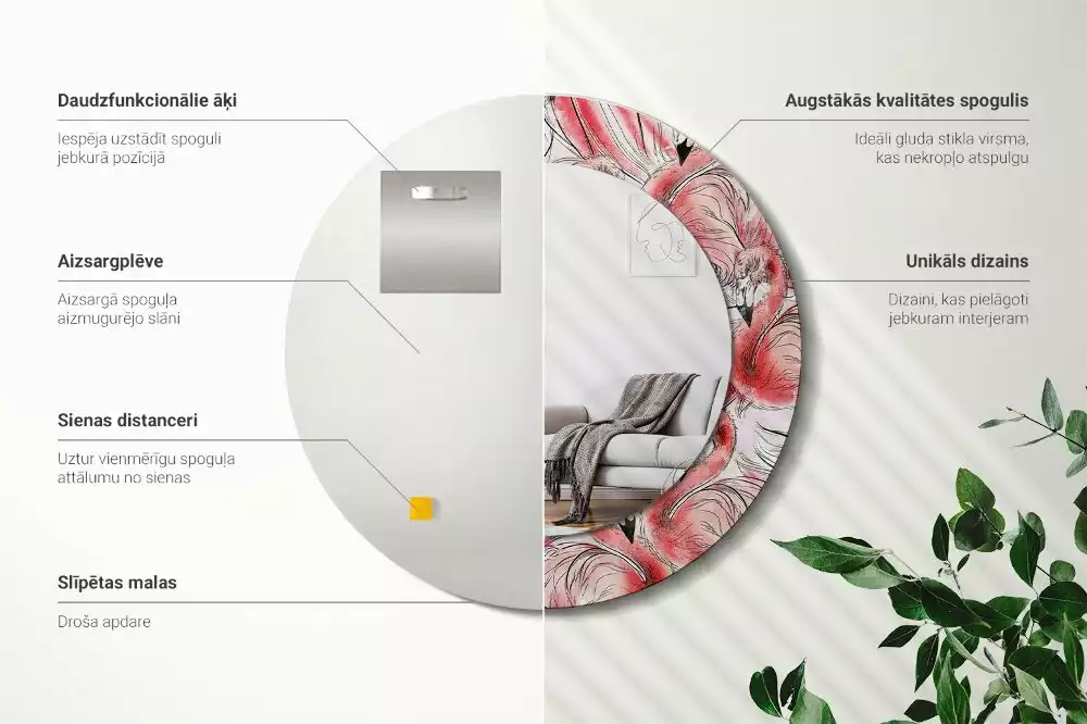 Miroir rond imprimé Flamants roses