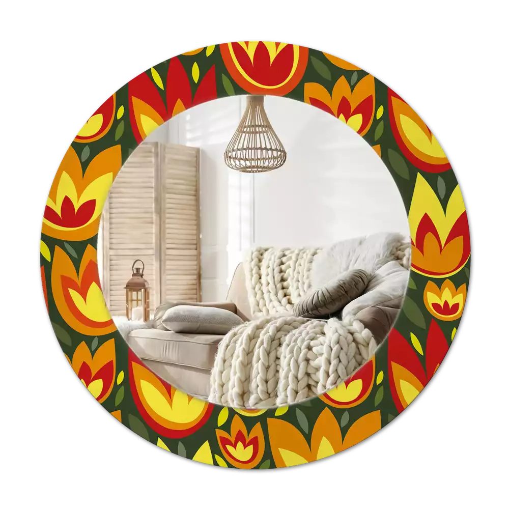 Miroir rond cadre avec impression Tulipes rétro
