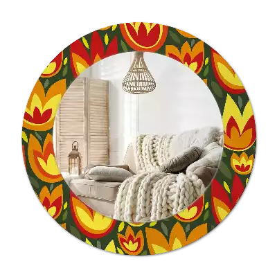 Miroir rond cadre avec impression Tulipes rétro