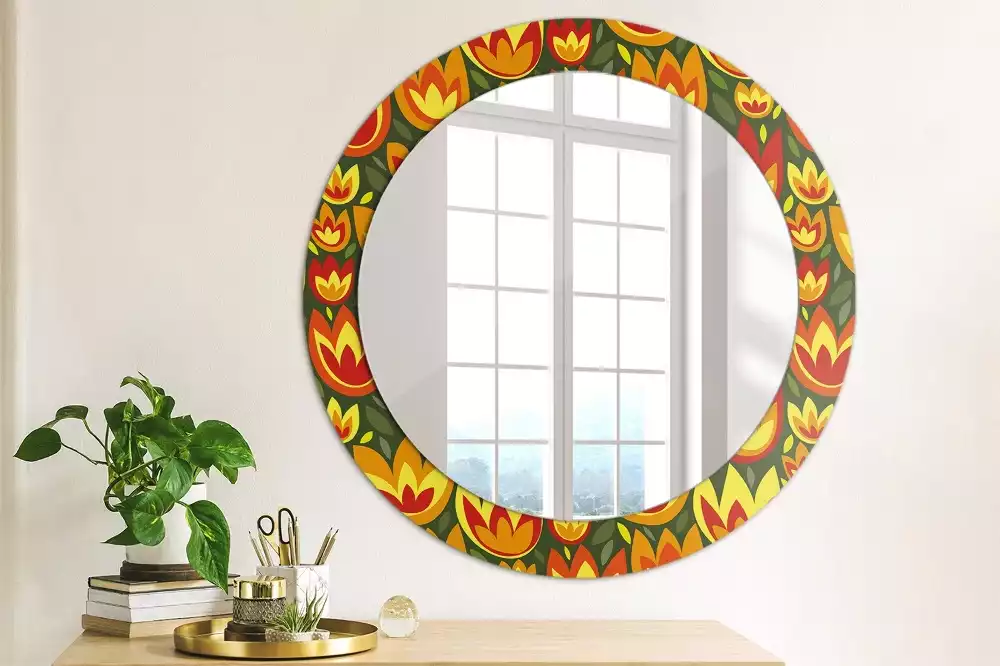 Miroir rond cadre avec impression Tulipes rétro