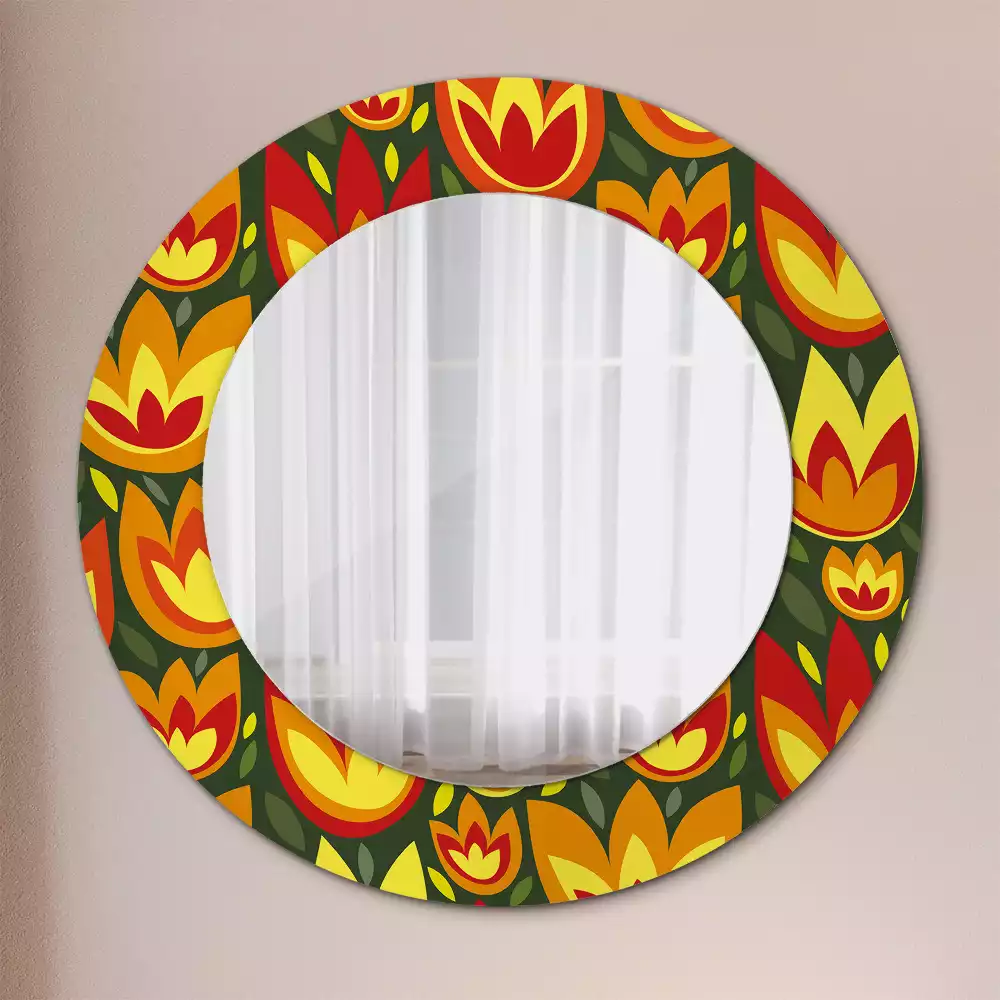 Miroir rond cadre avec impression Tulipes rétro