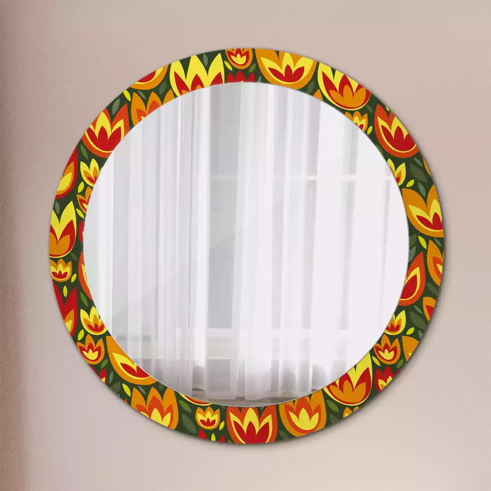 Miroir rond cadre avec impression Tulipes rétro