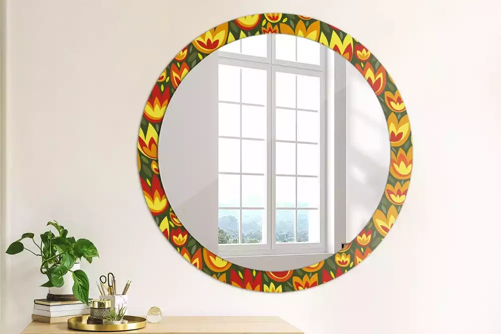 Miroir rond cadre avec impression Tulipes rétro