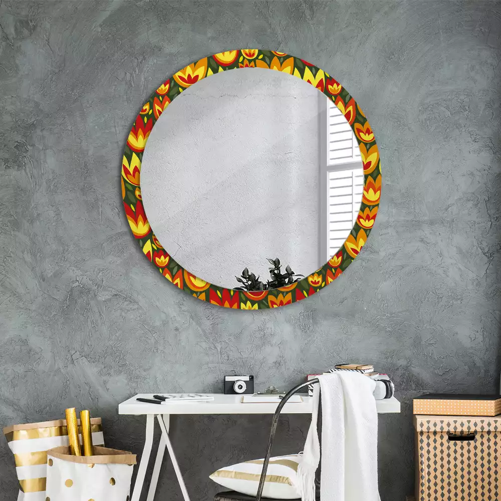 Miroir rond cadre avec impression Tulipes rétro