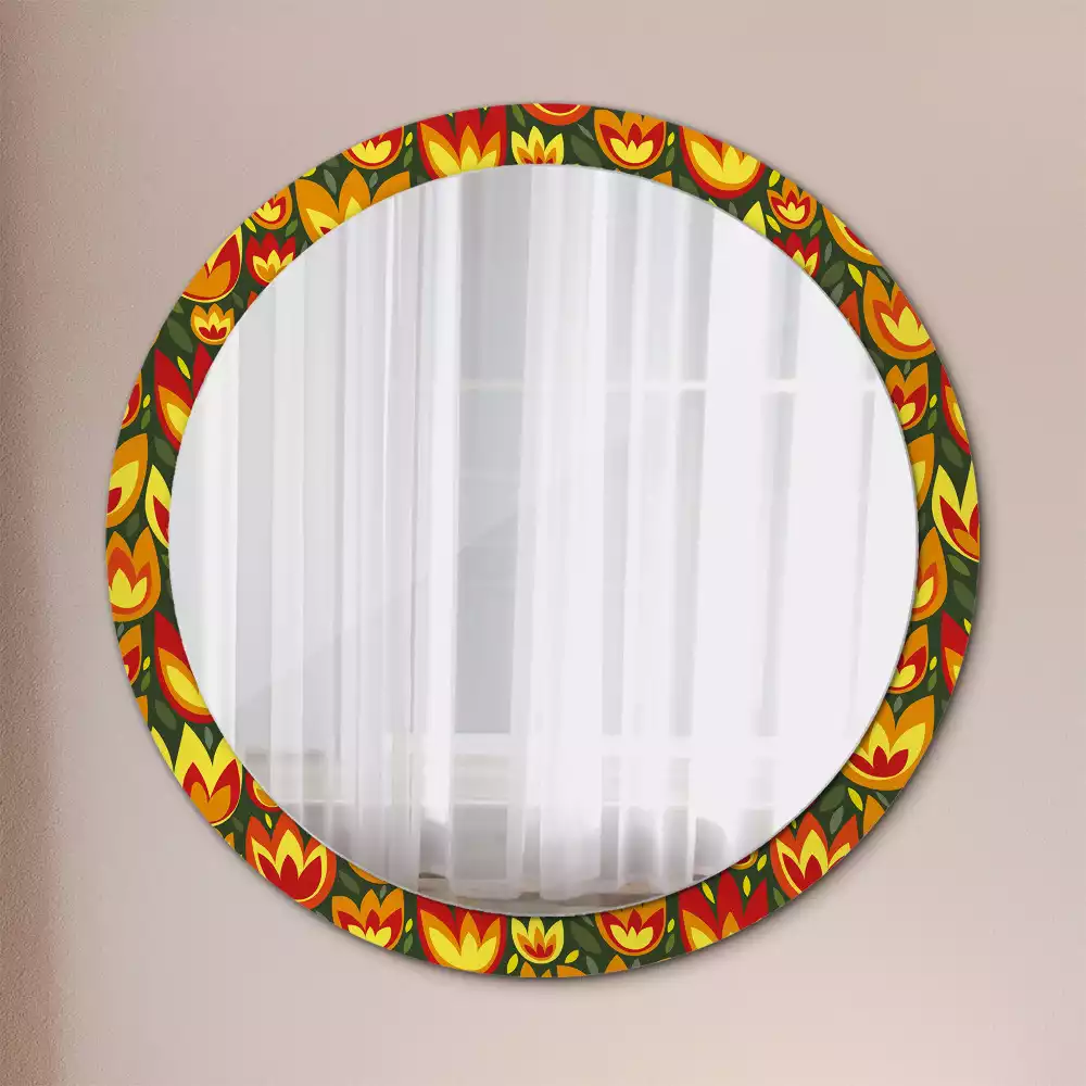 Miroir rond cadre avec impression Tulipes rétro