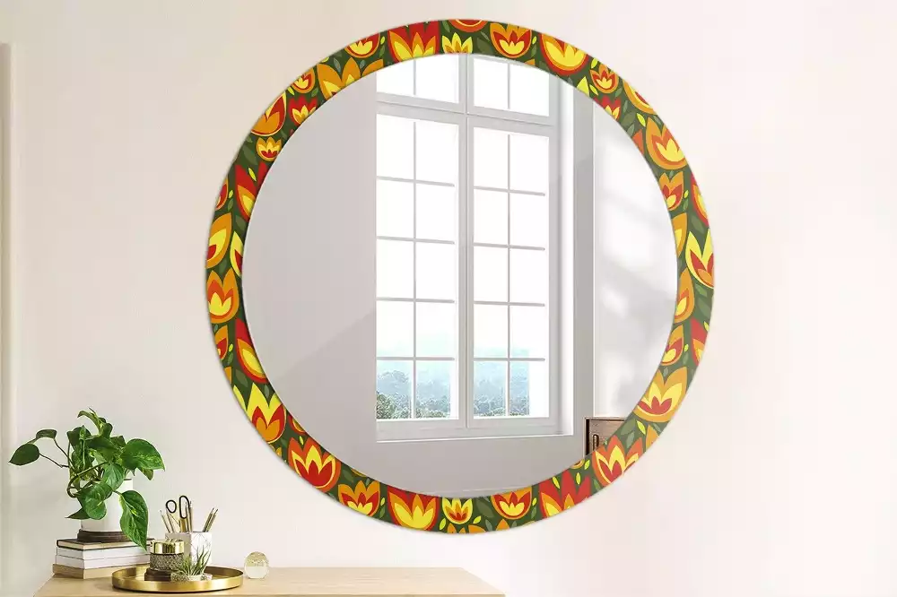 Miroir rond cadre avec impression Tulipes rétro