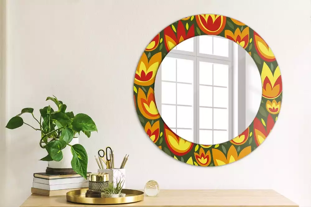 Miroir rond cadre avec impression Tulipes rétro