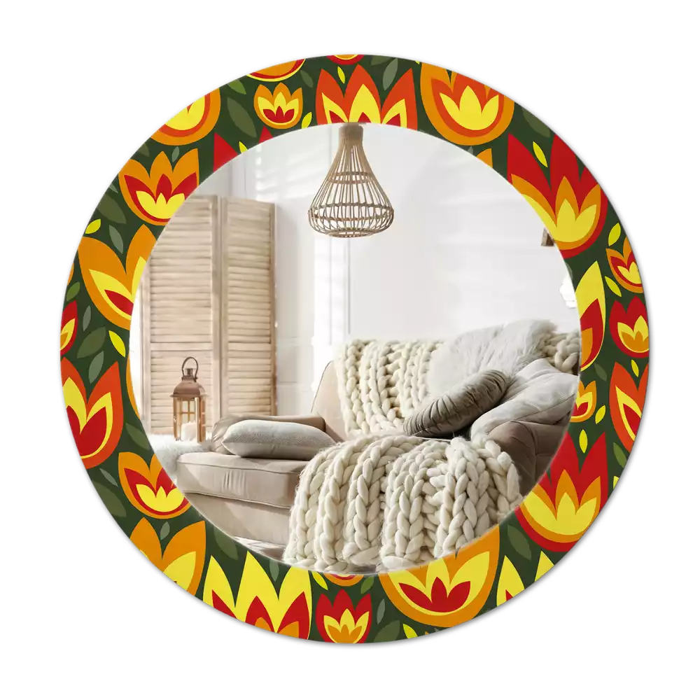 Miroir rond cadre avec impression Tulipes rétro
