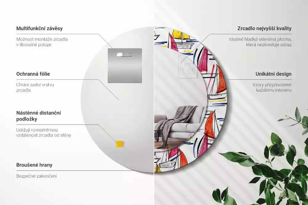 Miroir rond avec décoration Barques colorées