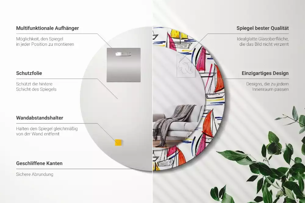 Miroir rond avec décoration Barques colorées