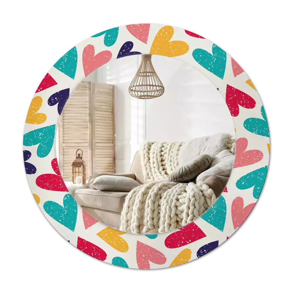 Miroir rond cadre avec impression Cœurs colorés